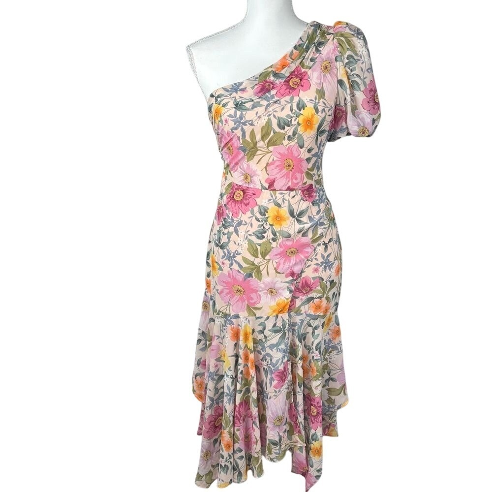 Astr One-Shoulder Floral Asymmetrical Midi Dress in Pink and Yellow